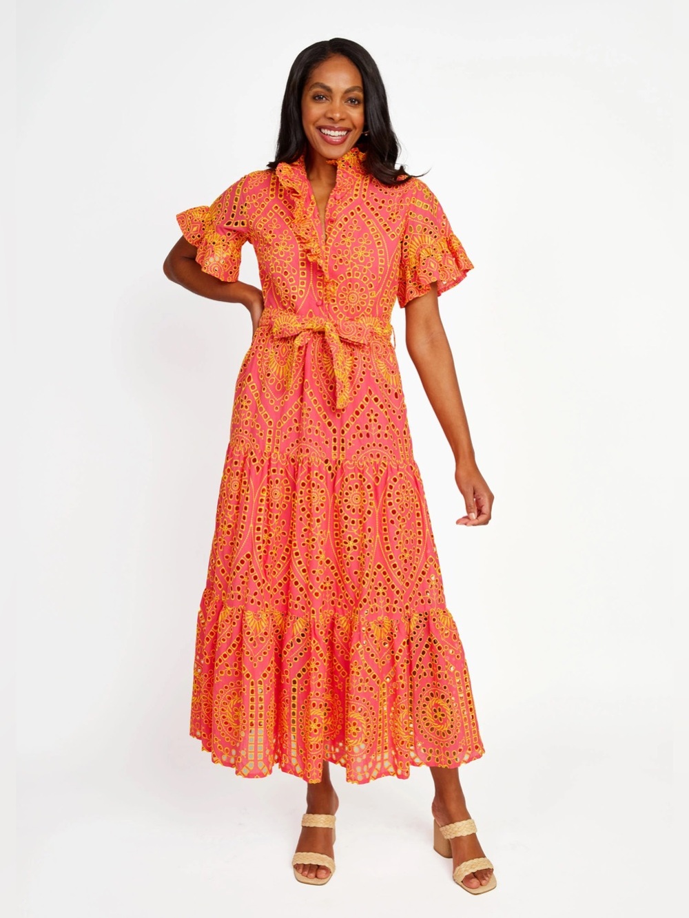 Abbie Glass NWT Sadie Maxi Dress Coral Yellow Eyelet Women Size S